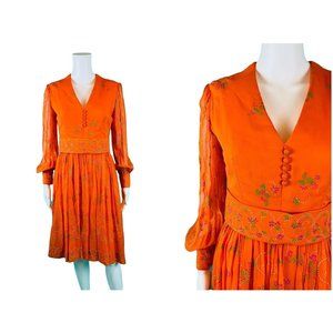 Vintage 1960s Cocktail Dress Orange Sheer Sleeves Hand Painted Floral Dolly
